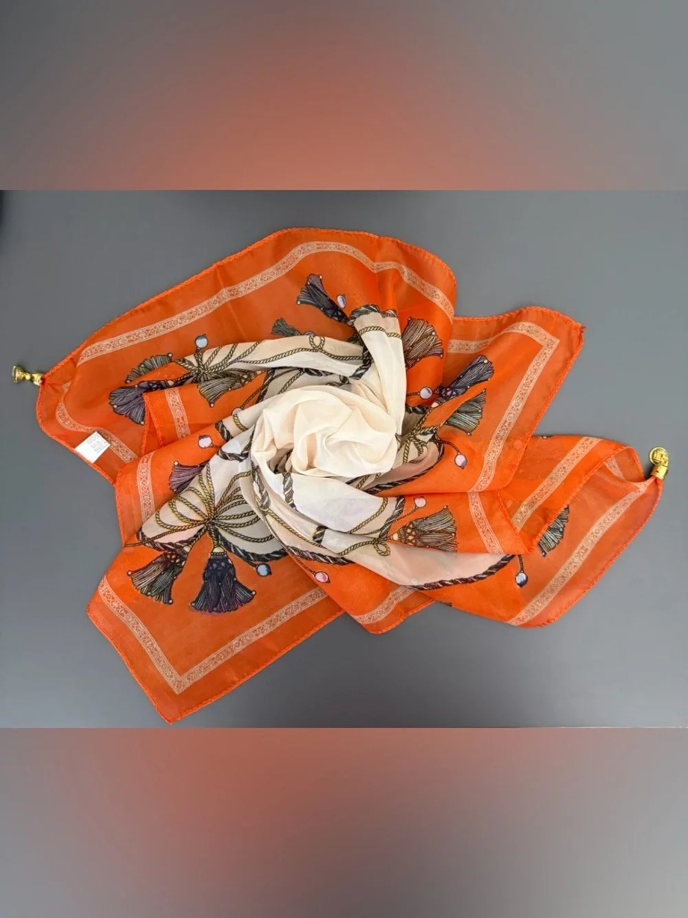 Orange Square Scarf Rope & Tassel Print Magnetic Corners 23” Luxury